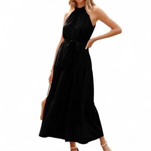 Prettygarden | Women’s Elegant Black Halter Neck Lightweight Maxi Dress | M